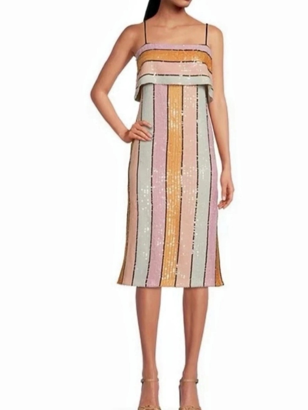 Gianni Bini Halston Stripe Sequin Midi Dress Pink & Orange